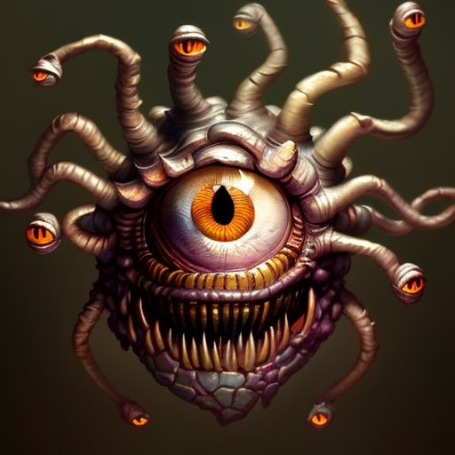 Close-up Portrait of a Beholder_Monster, Fantasy, Medieval, Volumetric lighting, concept art, brush stroke style, artstati...